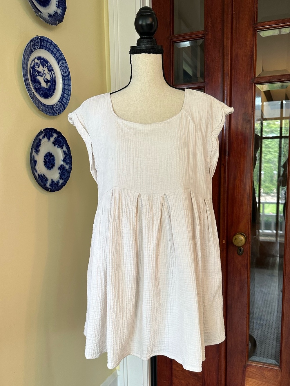 By Together | Double Gauze Pleated Babydoll Dress Cream, Size L